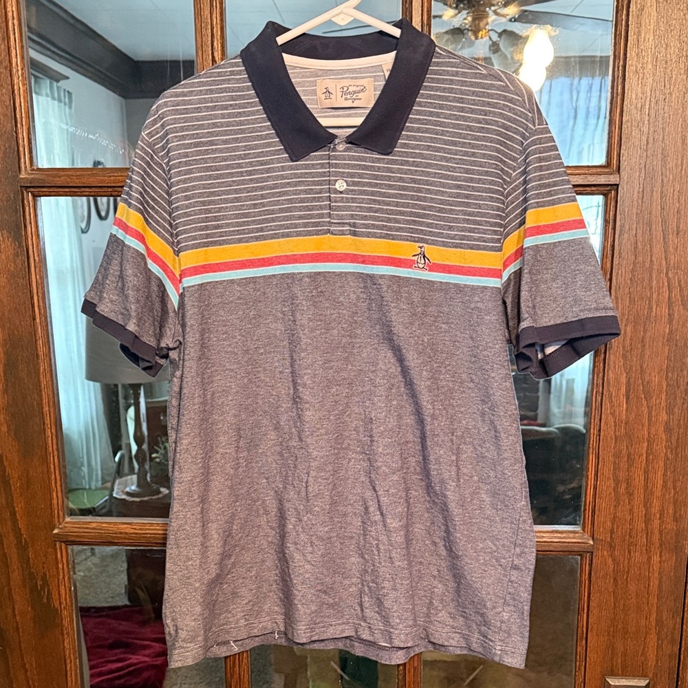 Original Penguin Men XL Polo Shirt Navy Blue Multi Color Chest Stripe Logo Retro